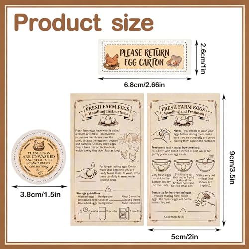 3-in-1 Fresh Farm Egg Packaging Set, 1200Pcs: 500 "Please Return Carton Stickers, 200 Egg Handling Cards, 500 "Eggs Unwashed Stickers – for Egg Farmers & Homesteaders