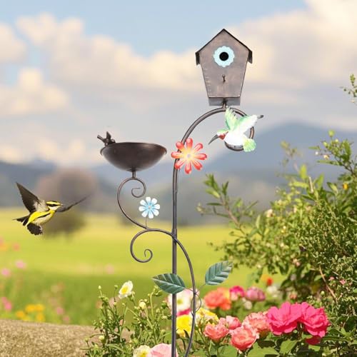 Yinns Metal Bird House, Decorative Birdhouse Stake with Bowl for Yard Decor | 69“ Bird House with Baths Bird Pole, Heavy Duty Birdhouse Stake for Outdoor Metal Bird Bath Bowl for Outside Garden Decor - color: Brown