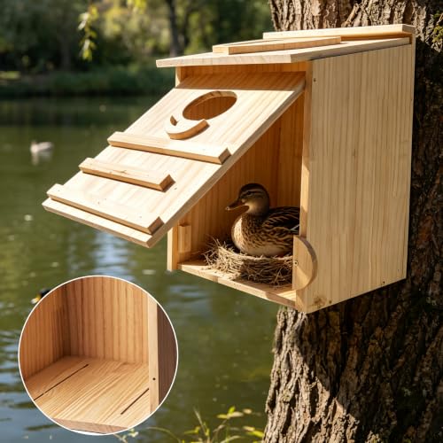 Extra-Large Wood Duck House - Handcrafted Natural Solid Wood Nesting Box for Wood Ducks & Mergansers, Easy Pole Mounting Kit for Pond, Wetland & Backyard
