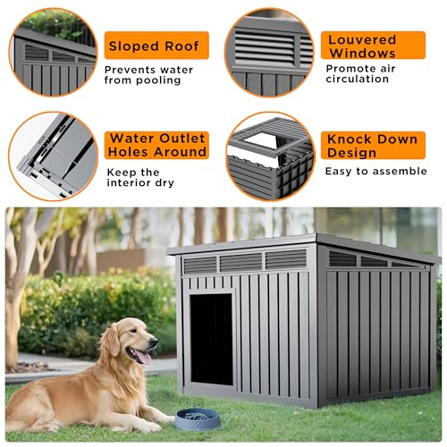Outdoor Dog House Waterproof,Indoor Outdoor Doghouse for Small to Large Dogs,Dog Kennel with Air Vents and Elevated Floor,Easy to Assemble and Clean(Grey 42.87 * 32.95 * 31.61inch) - style: Grey