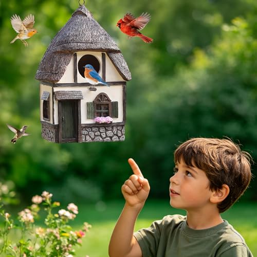 Bird Houses for Outside Cottage Birdhouse with Thatch Roof – Hand-Painted Resin Birdhouses for Outdoors for Bluebird Finches Cardinals Bird Nesting Garden, Patio, Yard - color: White