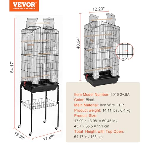 VEVOR 64-inch Open Top Large Parrot Bird Cage with Detachable Rolling Stand for Parakeets Finches Canaries Lovebirds Cockatiels Budgies Small Quaker Conures Flight Birdcage with Swing and Perch - size: 18.0"L x 14.0"W x 59.5"H