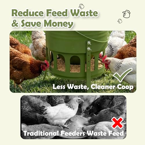 Metal Chicken Feeder No Waste - 20LB Large Chicken Feeder with 12 Ports & 4 Adjustable Heights Tripod Stand, Automatic Hanging Poultry Feeder, Rainproof for Backyard Chickens & Small Flocks