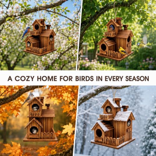 Wooden Bird Houses for Outside, 3 Compartments Villa Hanging Birdhouse, Carbonized Pine Nesting Box for Bluebird Wren Finch Backyard Garden Decor