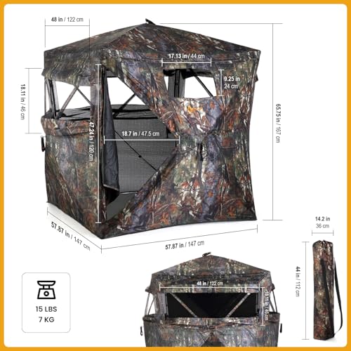 Hunting Stealth Deer Blind Shelter, Camping, Camouflage | 270° Vision 4.8x4.8 Ft Pop-up 2-3 Person See-Through, Magnetic Door, Sliding Windows and Backpack Carry Bag, Beach, Fishing