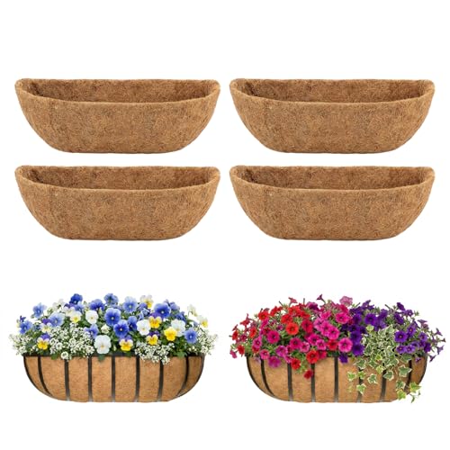 4 Pcs 24" Trough Coco Liner for Planter, 100% Natural Coco Fiber | Replaceable Coconut Fiber Liner for Window Boxes, Wall Planter & Fence Flower Baskets,Breathable & Eco-Friendly (4, 24 inch) - size: 24 inch