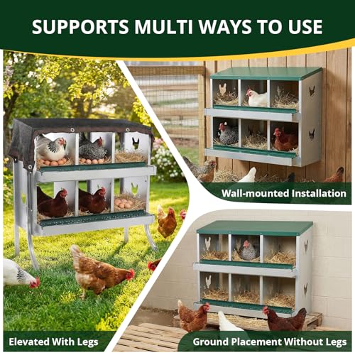 6-Compartment Roll Away Chicken Nesting Box with Legs,Lid & Perch | Pre-installed nuts, Fast assembly, galvanized steel, rounded edges, sunshade cloth + vents, wall mount or floor use