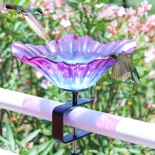 Deck Mounted Bird Baths for Outdoors, Glass BirdBath Bowl for Garden | Purple Glass Bird Baths Bowl with Adjustable Sturdy Steel Fence Clamp for Garden Patio Lawn Yard Deck Balcony Railing - color: Purple
