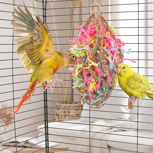Wontee Bird Shredding Crinkles Foraging Toys Jute Mesh Bag for Cockatiel, A | Jute & crinkle paper, safe to chew, mesh bag design for fun shredding, colorful strips attract birds, for parakeet/conure - style: A (Bird Shredding Toy)