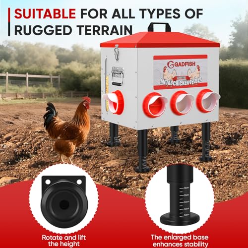 55 lbs Large Capacity Automatic Chicken Feeder - 8 Feeding Ports, No Waste Chicken Feeder, Height-Adjustable Legs & Secure Locking Lid for Chickens, Ducks & Poultry