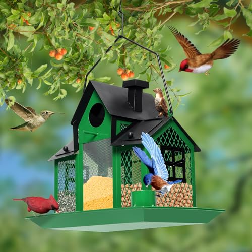 Solar Bird Feeders House for Outdoors Hanging, 7LBS Large Capacity Metal Wild Bird Feeder Squirrel Proof for Outside with Water Cup, Cardinal Birdfeeder Birdhouses Gift for Bird Lovers (Green) | Green,Wild Metal Bird Feeder,7LBS Large Capacity with Water