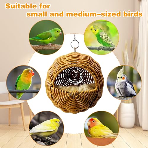 Rattan Birds Nest for Cage Hanging Parakeet House Chewproof Parrot Breeding Bed Small Budgies Hideout Swing Hut Bird Cage Accessories for Lovebirds Cockatiel Conure Finch Canary (Brown)