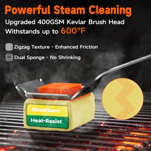 Grill Brush Bristle-Free with Scraper, Kevlar Steam BBQ Cleaner, Orange | Non-Metal Bristle, Replaceable Head, 17" Handle, 4-in-1 Scraper, for Porcelain, Ceramic, Stainless Steel, Cast Iron Grate - color: Grill Brush & Scraper