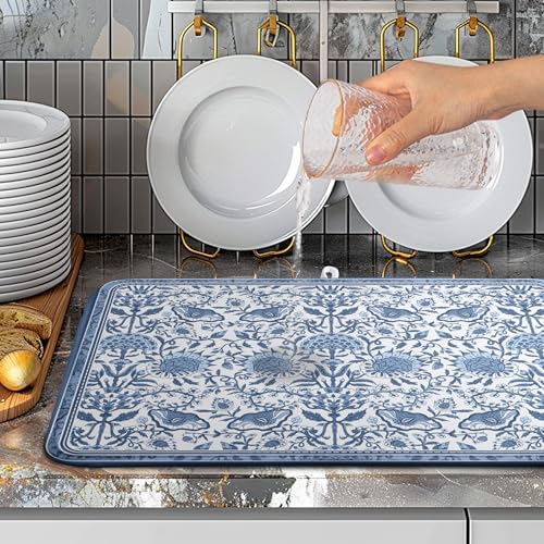 Blue Floral Dish Drying Mat for Kitchen Counter Boho Flowers Dishes Drainer Mats Rustic Farmhouse Microfiber Absorbent Dish Draining Spring Summer Reversible Dish Rack Pad Large 18x24 Inch - color: Blue Floral, size: 18" x 24"