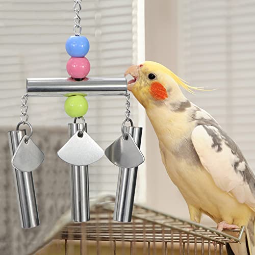 Wontee Stainless Steel Bird Bells String Toy Hanging Chew for Parrots, C | Bite-proof, with colored beads, sweet sound grabs bird attention, reduces boredom & stress, for cockatiel/cockatoo/conure - style: C (Bird Bell Toy)