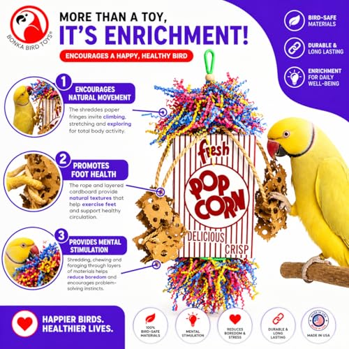 Bonka Bird Toys Popcorn Explosion Bird Toy 15" x 6" Foraging Shredding Toy for Small to Medium Birds Parakeets Cockatiels Conures Natural Paper Cardboard Hanging Cage Toy (Pack of 1) - size: Pack of 1