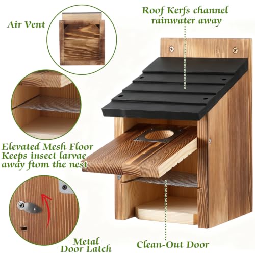 Dreyoo Bluebird Houses for Outside, 1-1/2” Entrance Hole Wooden Bird Houses for Outdoor with Metal Predator Guard, Secure Latch, Fledgling Grooves, Air Vents(Black Roof, Burnt Wood Body) - color: Black Roof, Burnt Wood Body