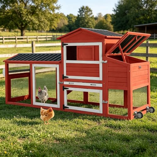 Large Chicken Coop with Run, 80.5’’ Chicken Tractor with Wheels, Wooden Hen House Poultry Cage with Plastic Waterproof Roof and Nesting Box, Leakproof Pull-Out Tray (Red) - color: Red, size: 80.5"L x 21.2"W x 42.5"H