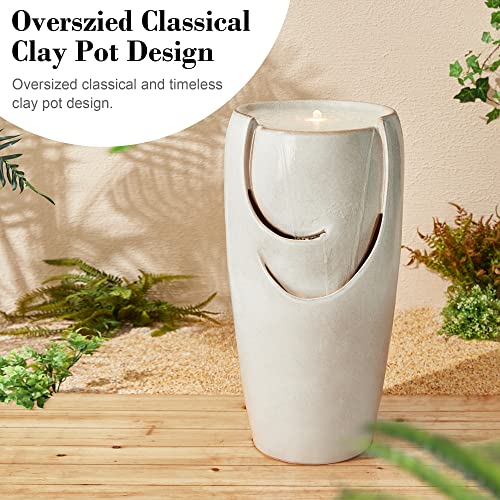 Glitzhome 29.25" H Oversized Ceramic Vase Outdoor Water Fountain Tall Patio Garden Water Fountain with LED Light and Submersible Pump Yard Art Decor, Sand Beige - color: Sand Beige, size: 29.25" H