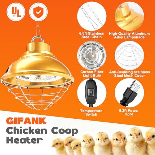 Chicken Heat Lamp 350W,Chicken Coop Heater with Carbon Fiber Bulb,Winter Hanging Heat Lamp for Chickens Brooder,Two-Temperature Adjustable (175/350W) for Puppy,Kitten and Poultry