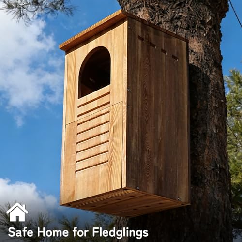 Barred Owl House, 25" Extra Large Owl Bird Box Handmade | Wooden Circular Opening for Outside with Mounting Screws and A Bag of Wood Shavings, Easy Assembly Required - color: brown, size: 14"x24.8"