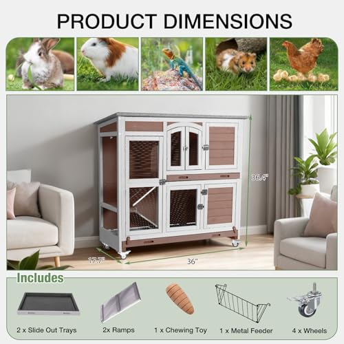 47.2" Two-Story Rabbit Hutch with Wheels, Indoor Outdoor Bunny Cage with Openable Viewing Window & Leakproof Sliding Trays, Wooden Rabbit House with Ramp-(Brown) - color: Brown-AIR06