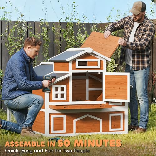 PawHut 79" L Chicken Coop for 6 Chickens with Run 2 Nesting Boxes Orange | Outdoor Wooden Hen House Poultry Cage, Slide-Out Tray, Sliding Rod Door, Roosting Bar, Waterproof Asphalt Roof