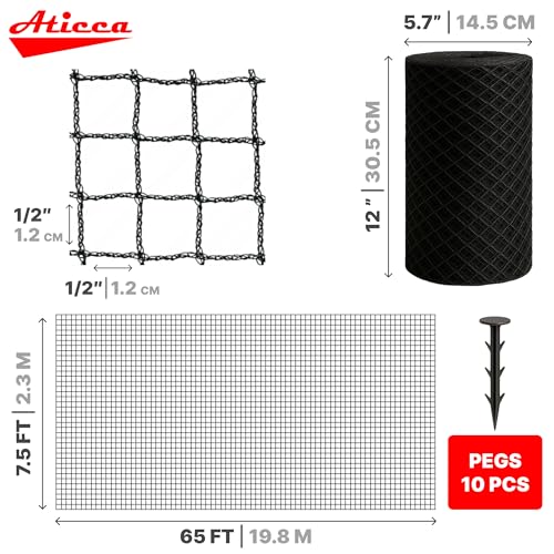 ATICCA Heavy Duty Bird Netting for Garden Protection & Fruit Trees, 7.5x65 Ft with 10 Stakes – Black Anti-Bird Net for Poultry, Deer, & Squirrel Protection, Durable Mesh for Garden and Yard Use - size: 7.5x65 Bird Netting
