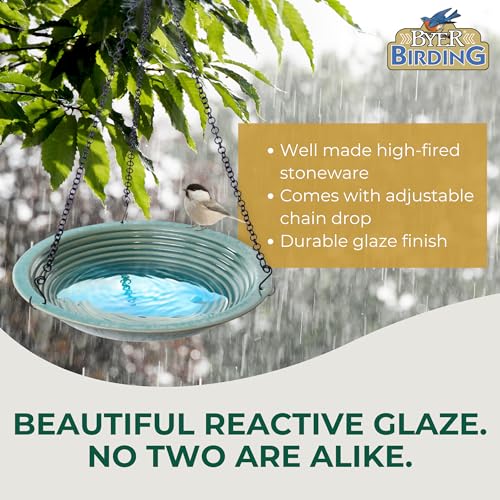 BYER OF MAINE Circles Hanging Bird Bath, Porcelain, Glaze Finish, Adjustable Chain, Sandy Granite, 14”x14”x34” adj - color: Sandy Granite