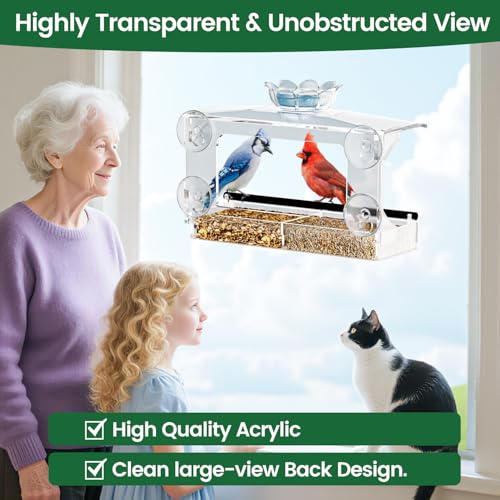 DY-SKTY Clear Acrylic Window Bird Feeder with Strong Suction Cups, Detachable Tray – Easy to Clean, Birds Viewing for Cats, Outdoor Wild Bird Watching Gift, Outside Garden Decor