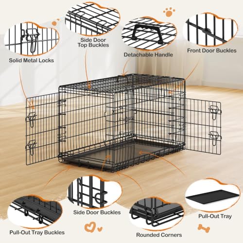 Yaheetech 42inch Double Door Dog Crate w/Divider, Collapsible Metal Kennel | Heavy-duty Sturdy Metal Frame, Easy Assemble, Fold Up for Travel, Removable Tray, Ideal for Puppies, Medium to Large Dogs - size: 42" L
