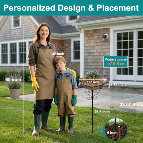 Bird Bath with Solar Lantern - 3.2" Deep, 13.8" Removable Bowl | Vintage copper finish, 35.7" rust-resistant 5-pronged stake, romantic garden gifts for bird lovers, mom, or grandparents