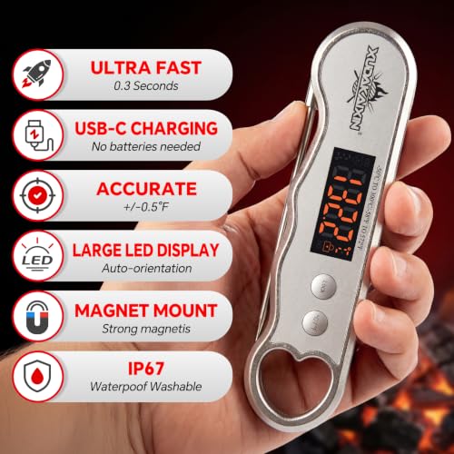 0.3s Fast Read Meat Thermometer – USB-C Rechargeable, Silvery | Digital instant read for BBQ, baking, and candy –no batteries needed - color: Silvery