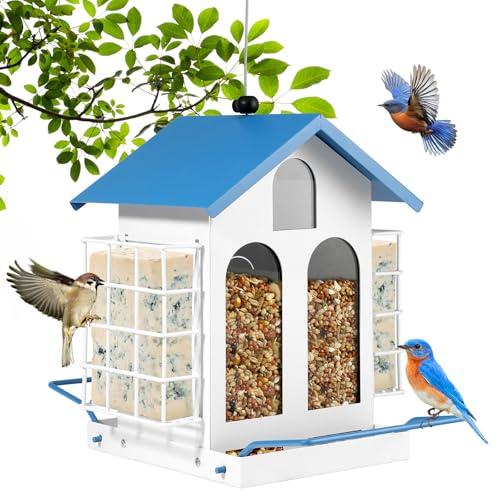 Bird Feeder for Outdoor Hanging, Heavy-Duty Metal Bird Feeder, Waterproof Metal Roof, Double-Layer Suet Cage, Large-Capacity Hanging Bird Feeder