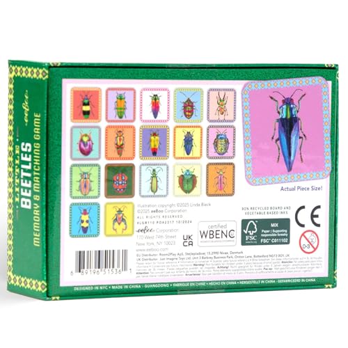 eeBoo Little Beetles Memory & Matching Game, Ages 3+, 1-4 Players | Introduces beetle species & vocabulary. Sharpens recognition, concentration & memory skills. Includes 36 tiles, 18 pairs - style: Beetles