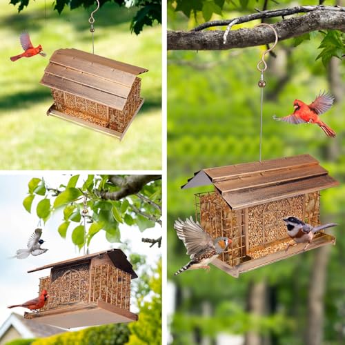 Bird Feeder for Outdoors, Metal Bird Feeder Hanging, 3.8LB Large Capacity with Double Suet Cages, Rainproof Roof, Attracts Cardinals, Finches, Blue Jays, for Backyard & Garden