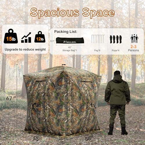 360 Degree See Through Hunting Blind, Pop Up Ground Blind | 2-3 Person & 3-4 Person Hunting Blind for Hunting Deer and Turkey, with Diamond-Shaped Door, Mud Flap and Portable Carry Bag - style: 2-3 Person 360°