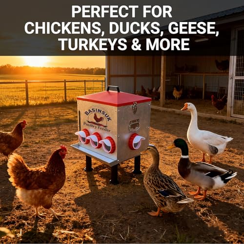 10Gal 55lb Automatic Chicken Feeder, 8 Port No Waste Chicken Feeders Rat-Proof Large Metal Poultry Feeder with Window & Catchment Tray, Adjustable Legs Waterproof Rust-Proof for Coop Outdoors