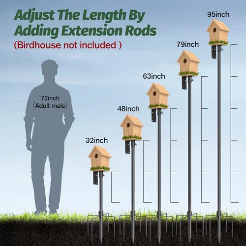 95 Inch Bird Feeder Pole Kit, 5-Prong Base, Hanging Hook | Heavy-Duty Metal Pole, for Bird Houses, Garden Décor, Backyard and Patio Use - size: 95 inch