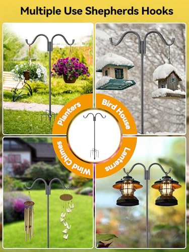 Heavy Duty Double Shepherds Hook for Outdoor, Stable 5-Prong Base, 78 inch Adjustable Height Garden Pole for Bird Feeder, Hanging Plants, Solar Lights, 11/16" Thick Metal Hummingbird Feeder, Anti-Rust - size: 78", Double Hooks