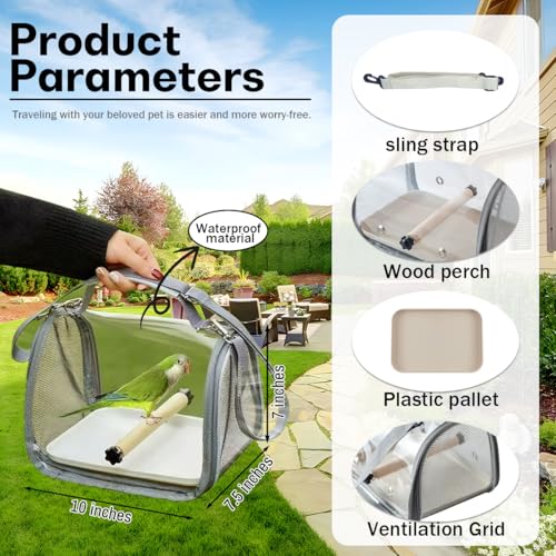 Portable Bird Travel Carrier with Breathable Mesh Windows Hands Free Bag | Parrot Backpack for Vet Visit Shopping Hiking, Clear View Small Pet Cage with Easy Clean Removable Tray and Perch - color: Gray