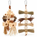 2Pcs Natural Bird Toys for Parrots, Parakeet & Cockatiel - Foraging Cage Toy with Wood, Cork Bark, Raffia - Shredding Chewing Gear Conures, Budgies, Lovebirds - Safe Stainless Link
