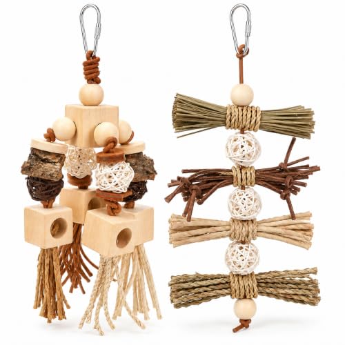 2Pcs Natural Bird Toys for Parrots, Parakeet & Cockatiel - Foraging Cage Toy with Wood, Cork Bark, Raffia - Shredding Chewing Gear Conures, Budgies, Lovebirds - Safe Stainless Link