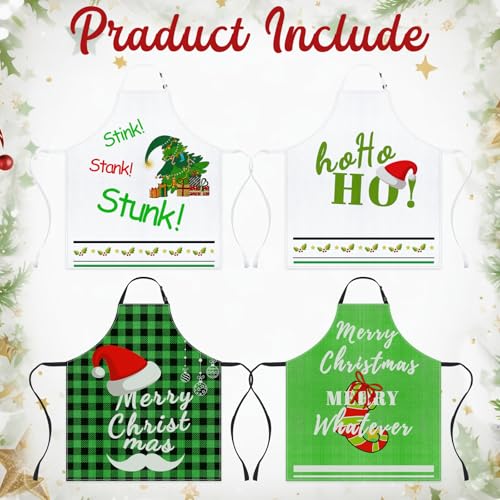 4Pcs Christmas Aprons Set - Adjustable Holiday Aprons with Christmas Tree, Stocking, Snowman for Family, Festive Kitchen Decor & Christmas Party Supplies - color: Christmas