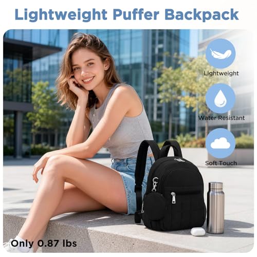 Mini Backpack for Women, Anti Theft RFID Small Travel Backpack | Compact Backpack with Built-in RFID Wallet(5 Slots) & Coin Purse, 10-Pocket Fits 11" Tablet, Puffer Nylon, Daily & Work - color: Black