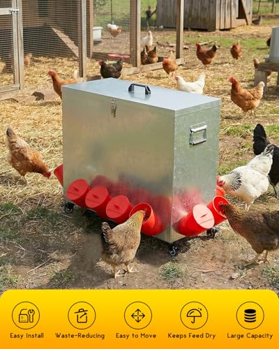 Magicfly 85 lbs Chicken Feeder No Waste, Large Metal Chicken Feeder Box | 12 Bell-Mouth Feeding Port, Grit & Oyster Shell Trough, Chick Feeder on Wheels for Chickens, Ducks - size: 85 lb
