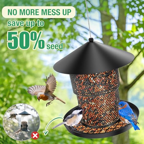 Bird Feeder for Outdoor Hanging, No Mess No Spill and Squirrel Proof Feeder | Squirrel Proof Bird Feeder with Catch Tray - Large Capacity All-Metal for Outside Hanging