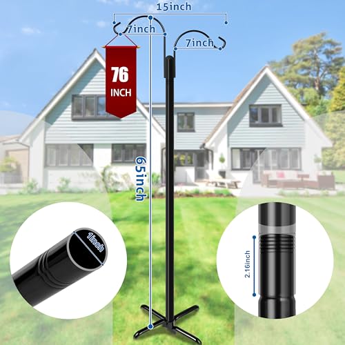 Ottsuls Double Shepherds Hooks for Outdoor, 76 Inch Bird Feeder Pole with 5 Prong Base, Upgrade 1 INCH Thick Heavy Duty Planter Hook for Hanging Baskets, Lantern,1 Pack - size: 76 IN