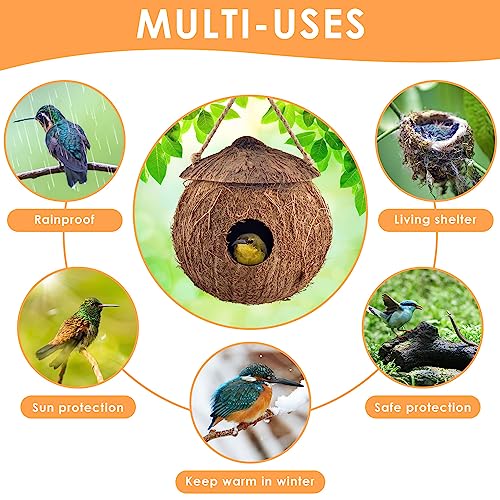 KATUMO Hummingbird Houses, Natural Coconut Bird Houses for Outside Hanging Hummingbird Swinging Nest, with Coconut Fiber Bedding for Nesting Window Garden Outdoor Home, 3Pcs