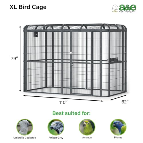 A&E Cage Co WI11062 Walk-in Bird Aviary for Macaws, 110"x62"x79" Black | 69"x25" Locking Front Door, 3 Swing-Out Feeder Doors, Stainless Steel Bowls, Powder-Coated Steel for Large Parrots - size: 110.0"L x 62.0"W x 79.0"H